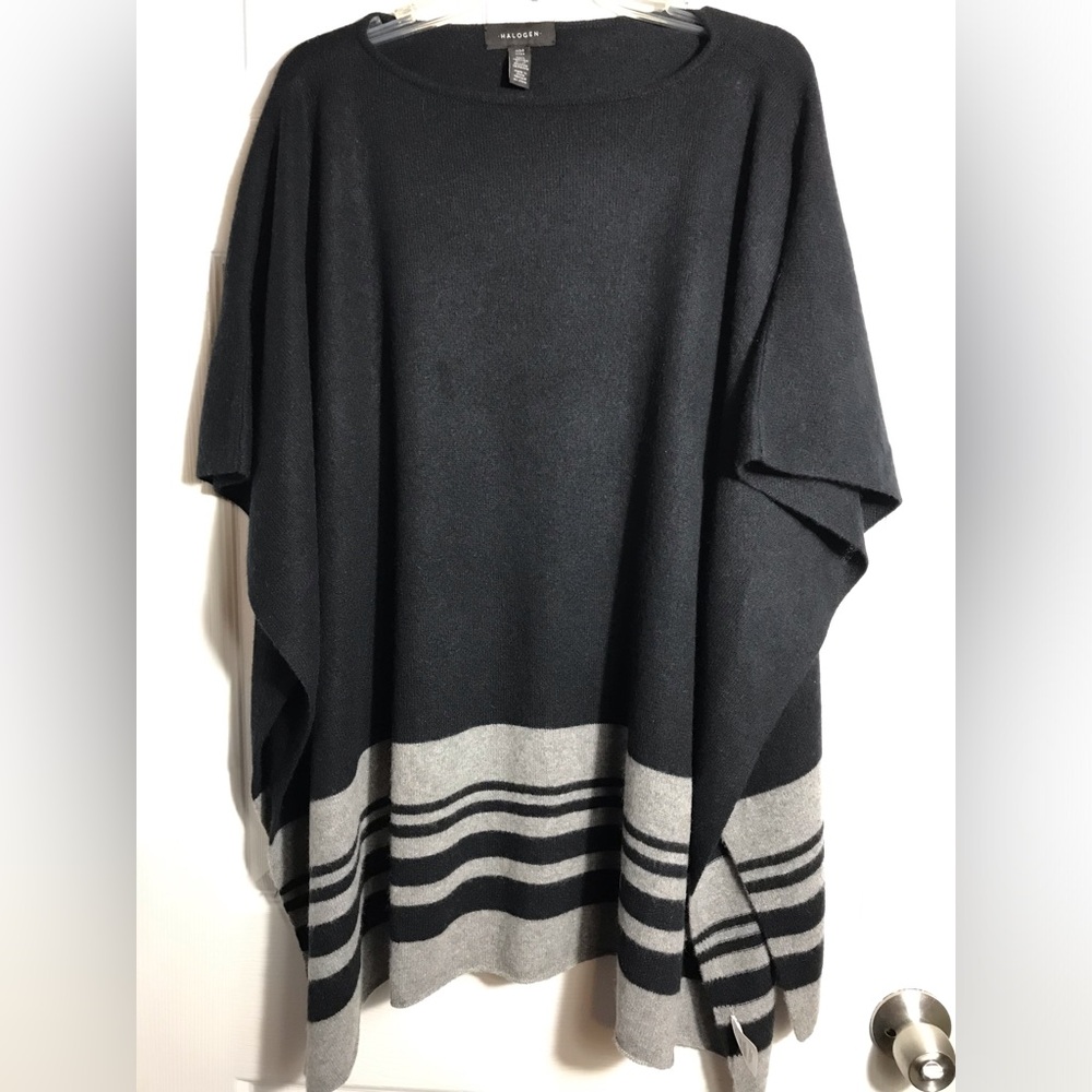 Halogen 100% Cashmere Black & Gray Striped Sweater Poncho One Size - Picture 2 of 5